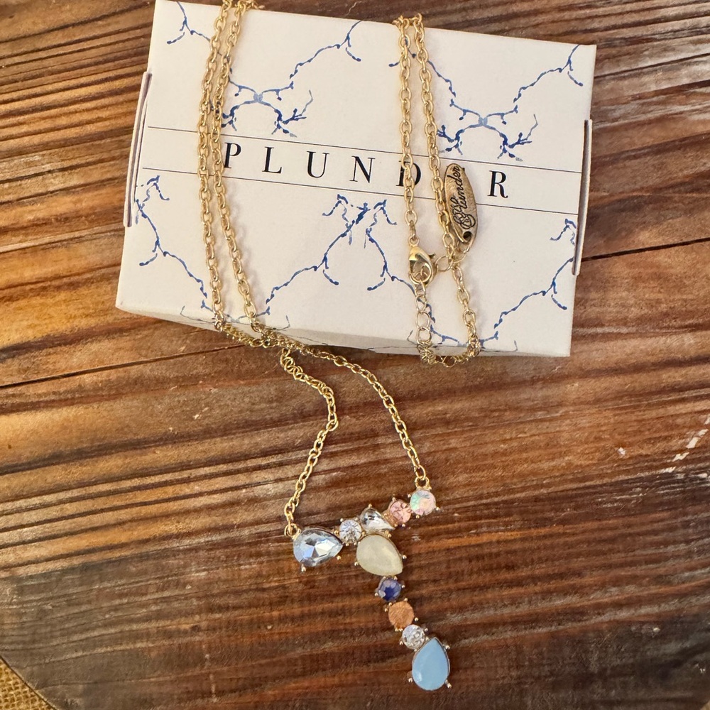 Gorgeous Plunder Designs Bejeweled Initial Letter T Gem Stone Necklace